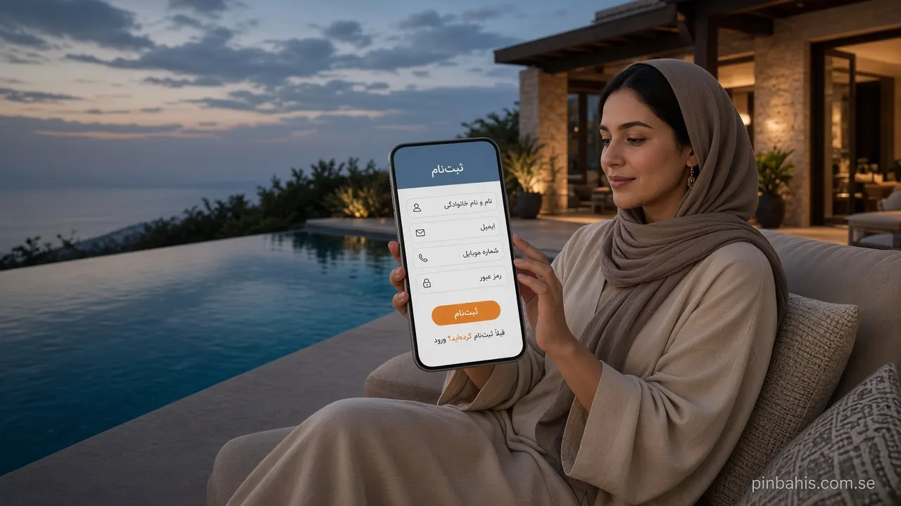 زن کنار استخر با صفحه ثبت‌نام پین باهیس روی گوشی